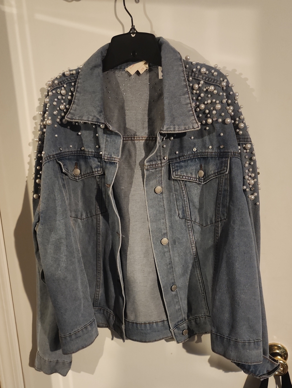 Light Blue Pearl-Embellished Denim Jacket - Women
